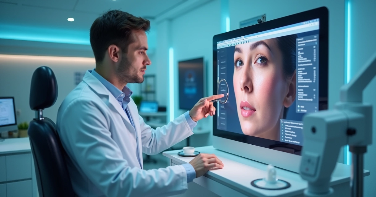 Dermatologista analisando tela com imagem ampliada da pele em cabine de alta tecnologia. 