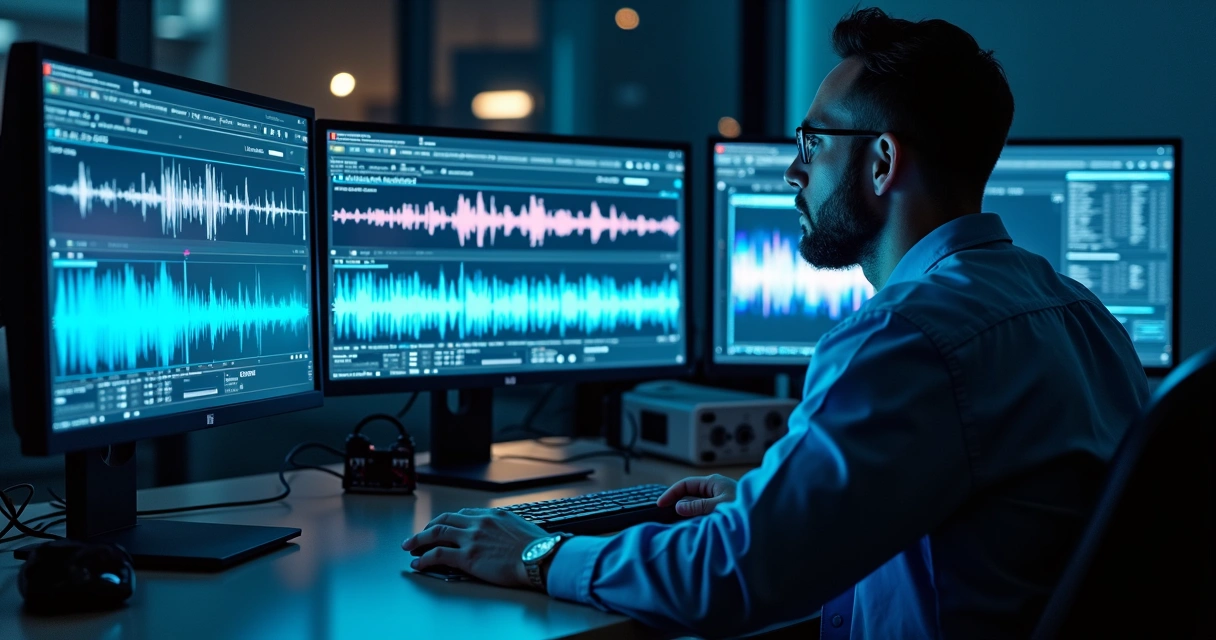 Perito analisando gravação de vídeo em equipamento avançado 
