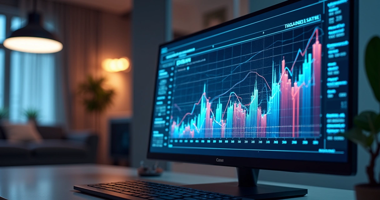 Computador moderno com gráficos financeiros digitais e holograma de inteligência artificial 