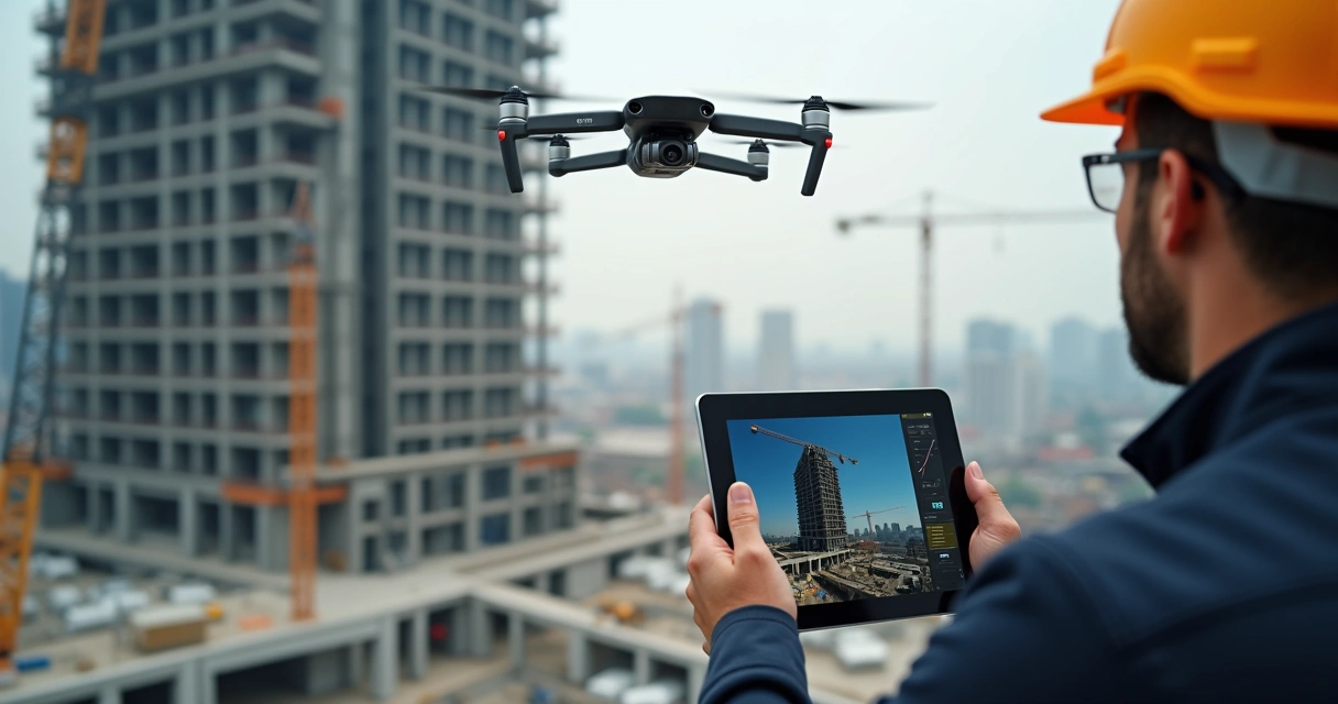 Engenheiro opera drone na inspeção de obra civil ao ar livre 