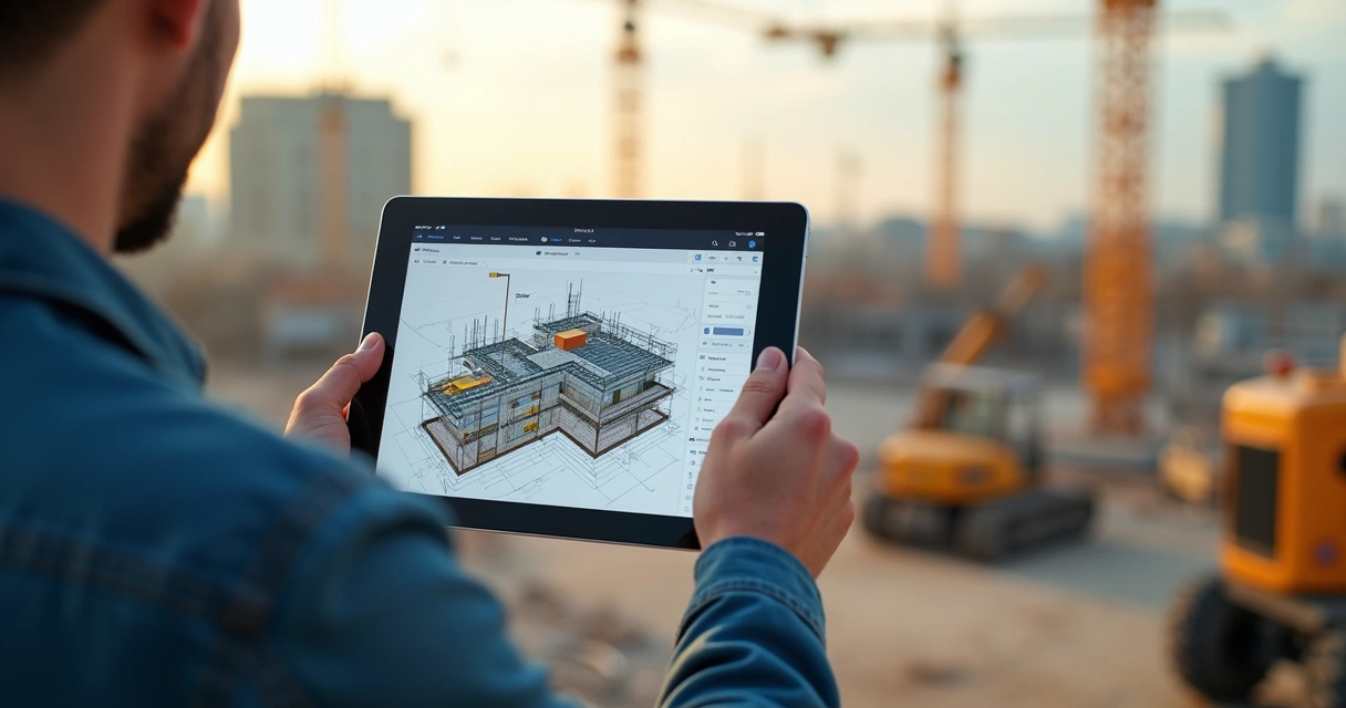 Engenheiro civil usando tablet com software de modelagem na obra 