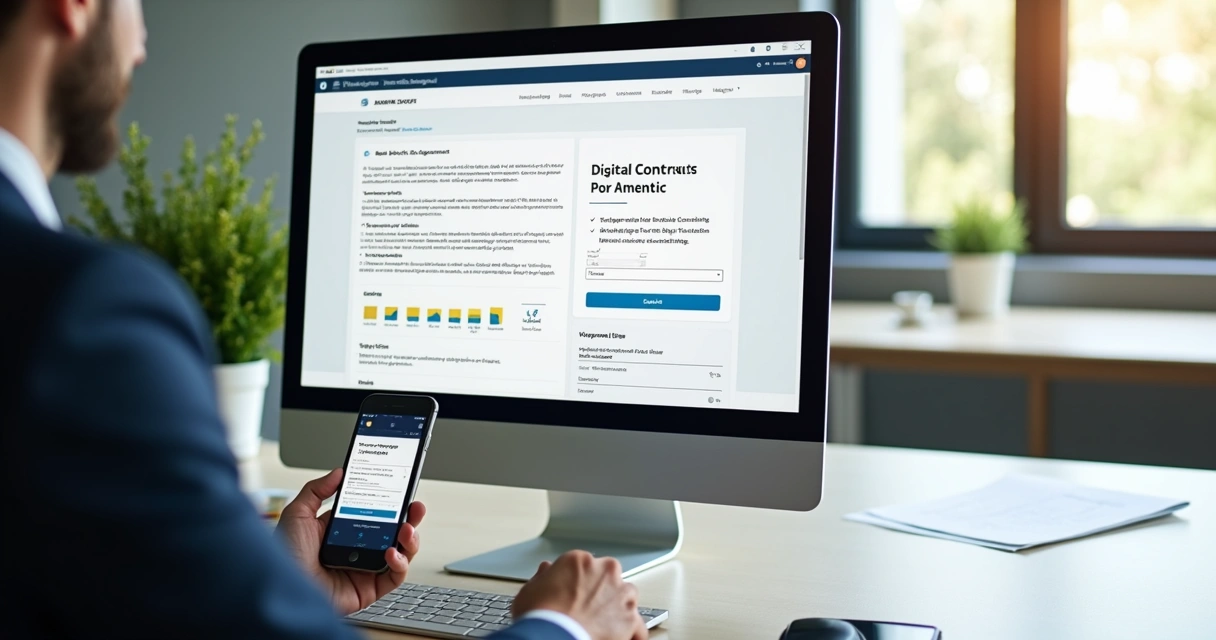 Tela de computador exibindo plataforma digital de gerenciamento de contratos imobiliários