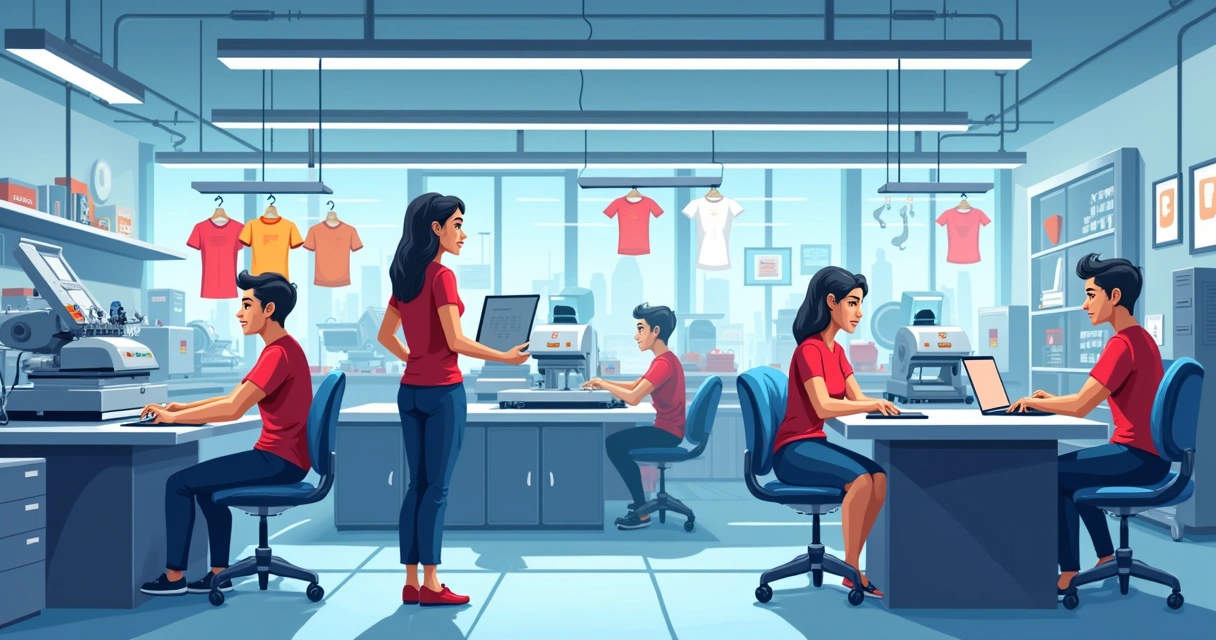 Máquinas de personalização de camisetas e atendente explicando processo 