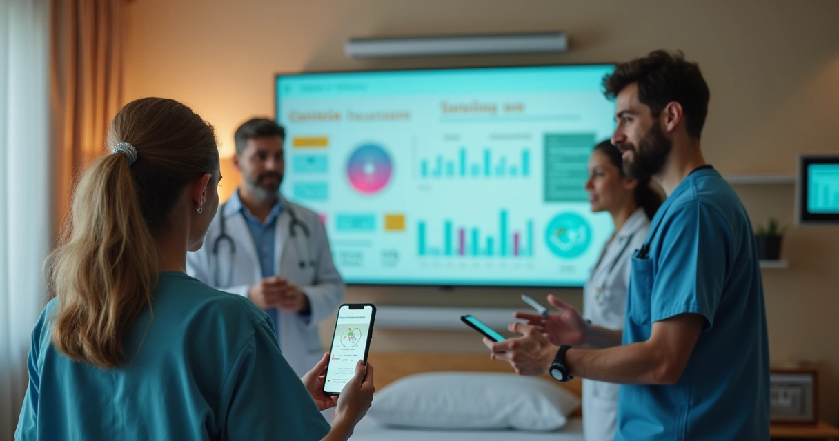 Equipe médica utilizando tecnologia para personalizar cuidados domiciliares via dashboards e smartphones 