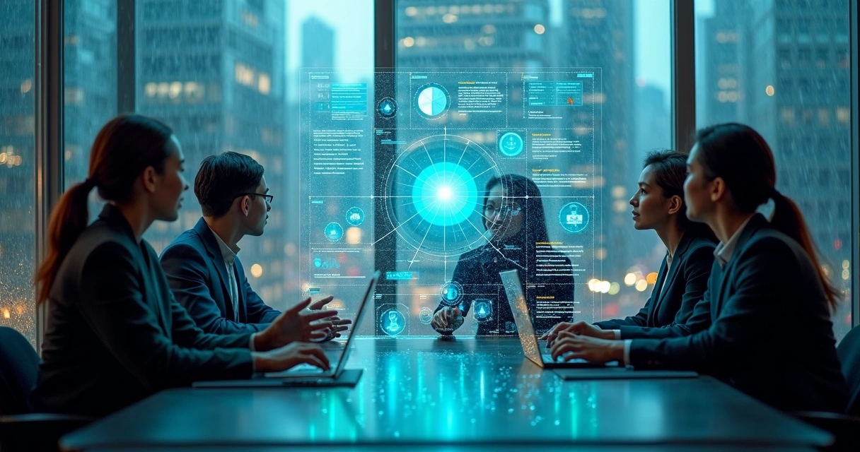 Equipe de vendas analisando gráficos digitais personalizáveis em sala de reunião 