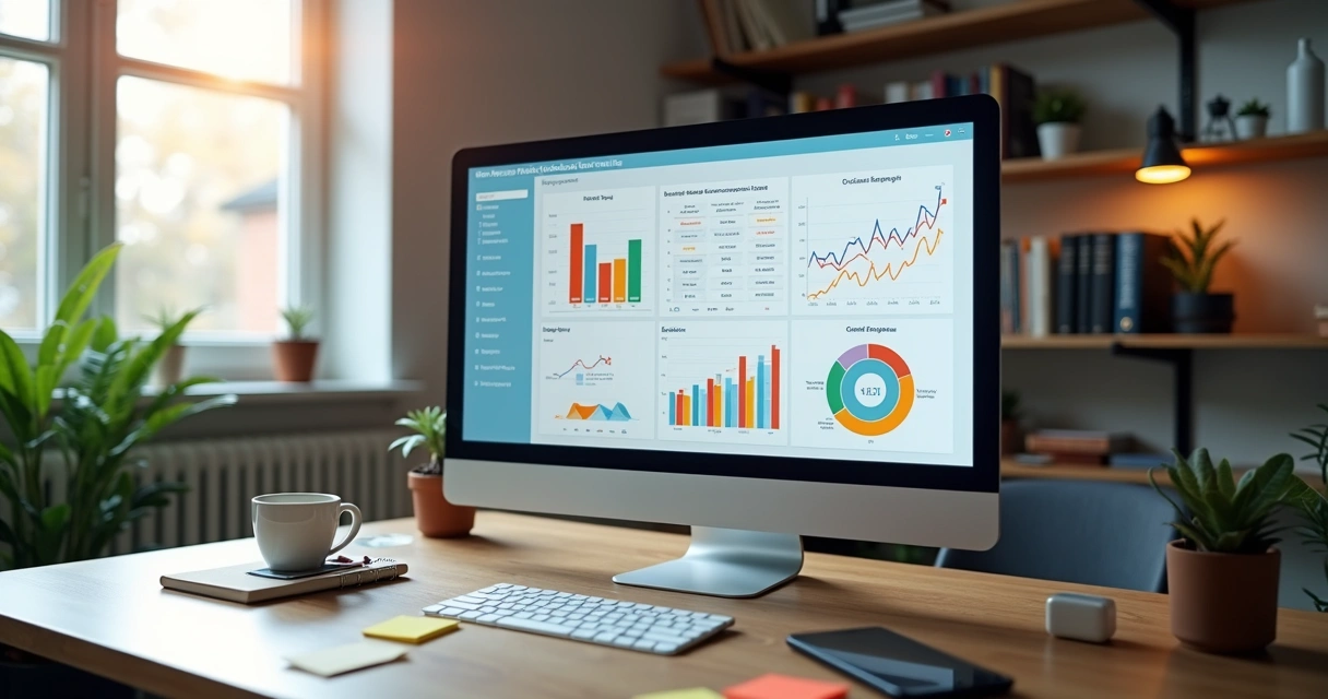 Computador exibe dashboard estratégico digital em mesa de trabalho de microempresa 