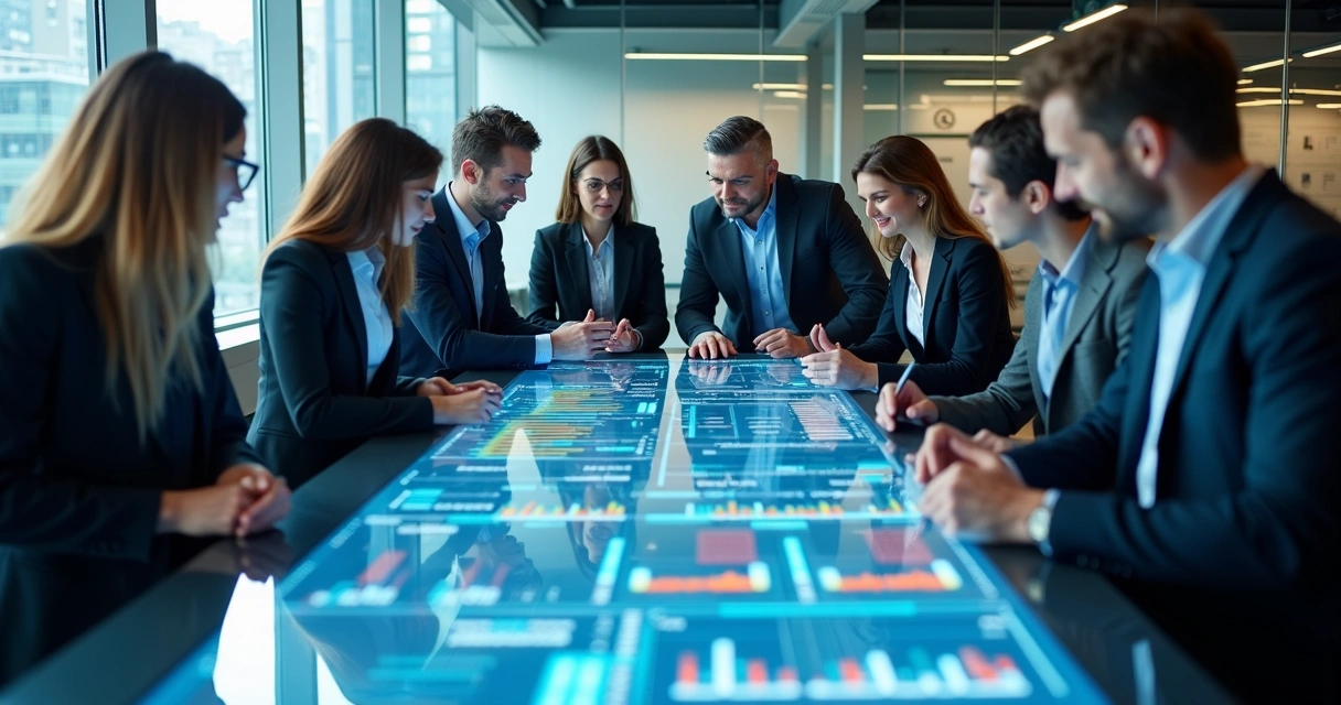 Equipe usando tecnologia para planejamento financeiro 
