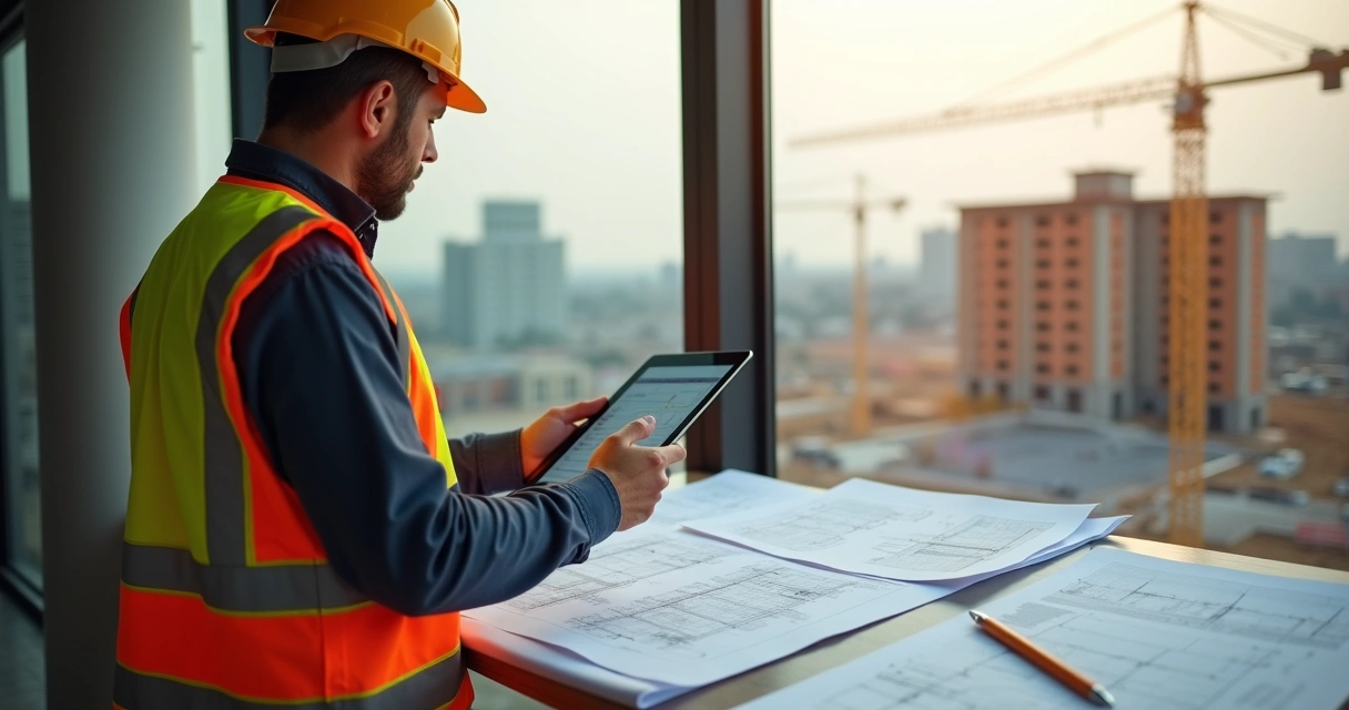Profissional analisa projeto de obra em tablet ao lado de planilhas de custos em canteiro, controle fiscal do ISS na construção civil