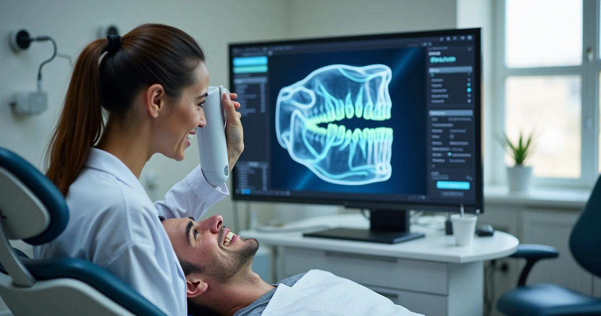 Dentista utiliza scanner intraoral para planejar protocolo de implantes. 
