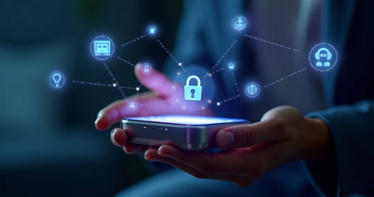 Mãos humanas segurando um dispositivo digital que emite luz suave, cercado por ícones tecnológicos flutuantes representando privacidade, conexão e bem-estar 
