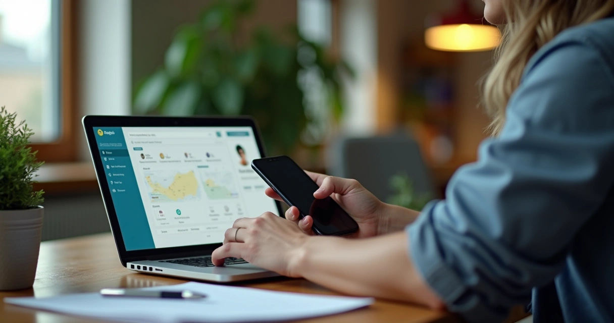 Vendedor PME usando tecnologia para organizar clientes 