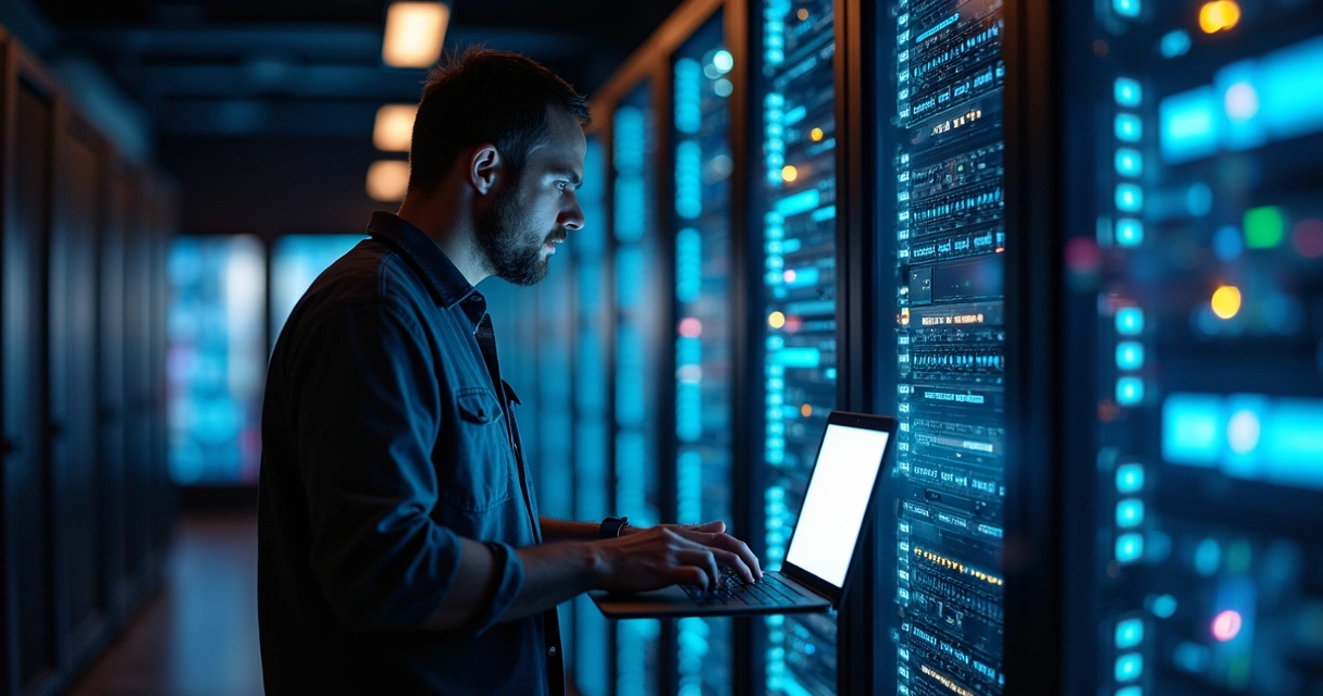 Profissional de TI configurando firewall e sistemas de segurança em servidor 
