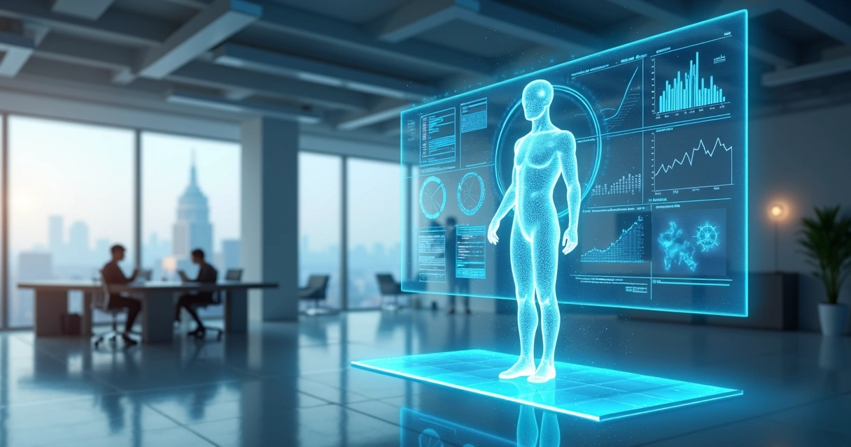 Assistente digital projetando soluções em tela holográfica interativa em escritório moderno 