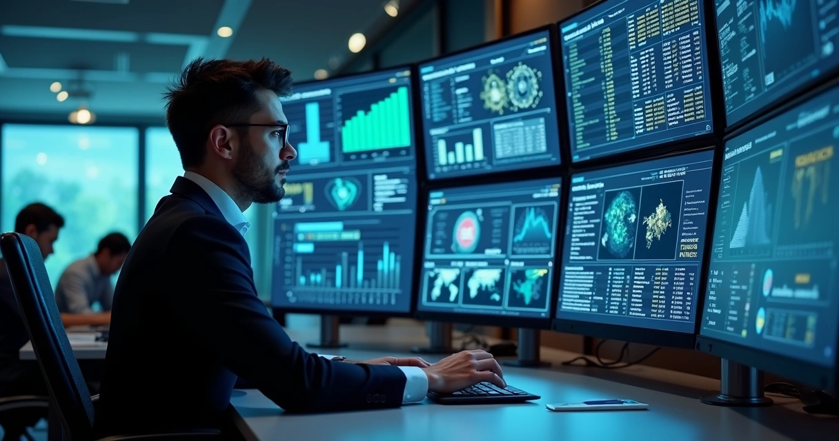 Profissional analisando múltiplos monitores exibindo dashboards tributários digitais. 