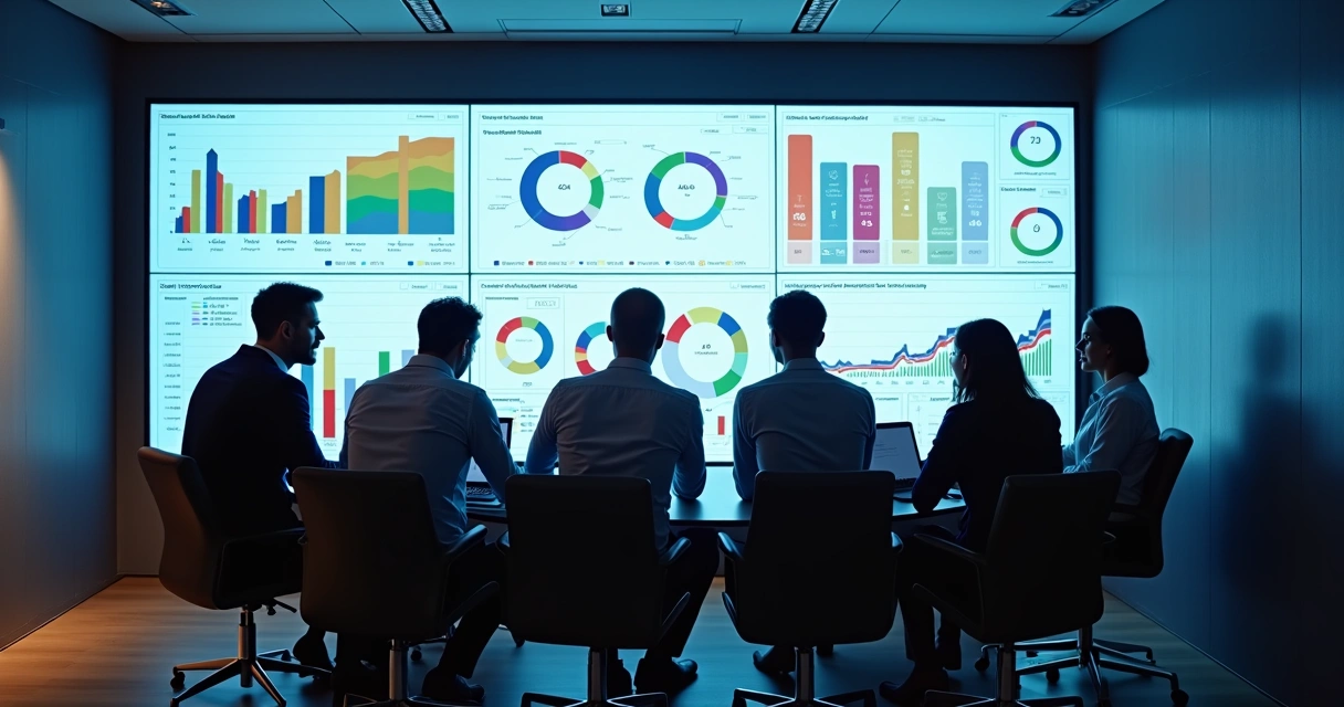 Profissionais analisando dados de vendas em tela digital 