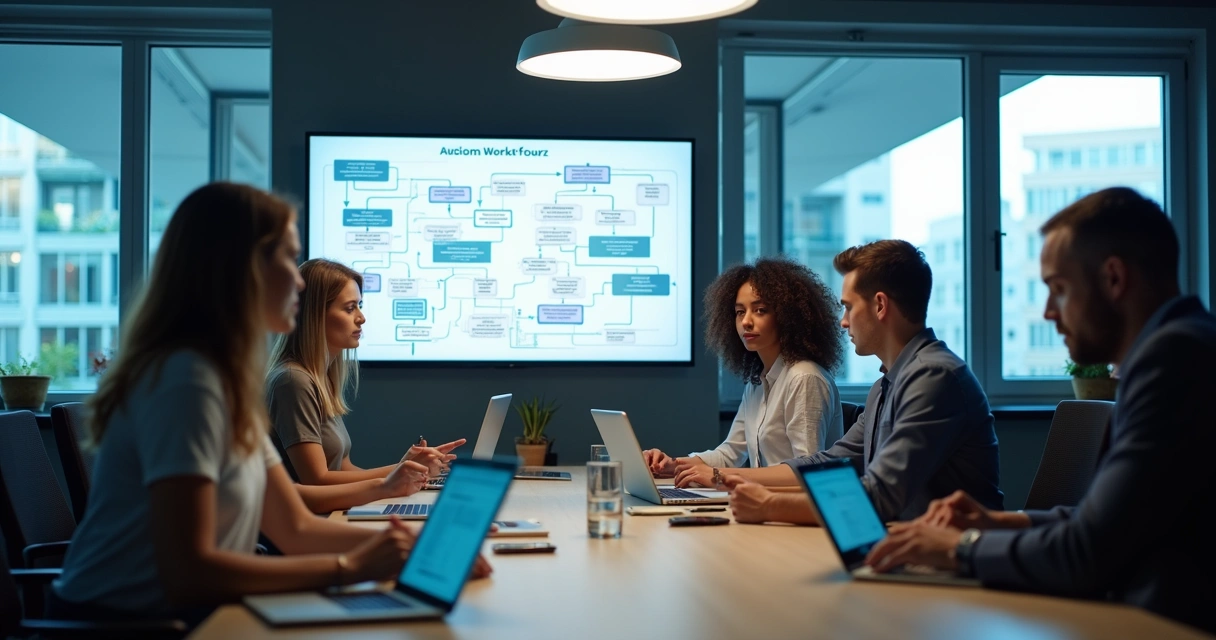 Equipe utiliza tecnologia para automatizar processos em ambiente empresarial. 