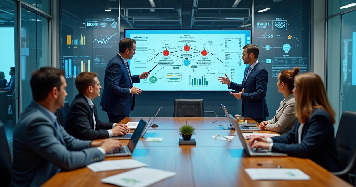 Gestores analisando painéis digitais com dados e fluxos de processos em um escritório moderno 