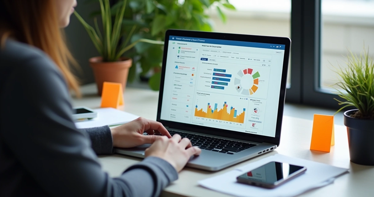 Pessoa usando notebook com dashboard de processos de uma pequena empresa em tela 