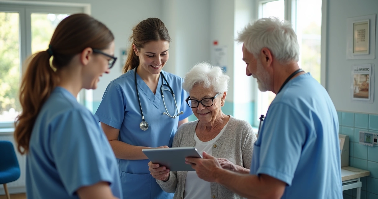 Equipe de saúde analisando prontuário digital em tablet ao lado de idoso 