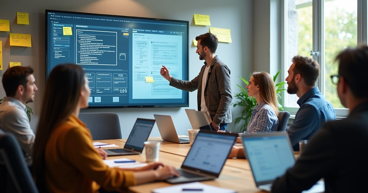 Equipe trabalhando em propostas digitais em notebooks e tela grande 