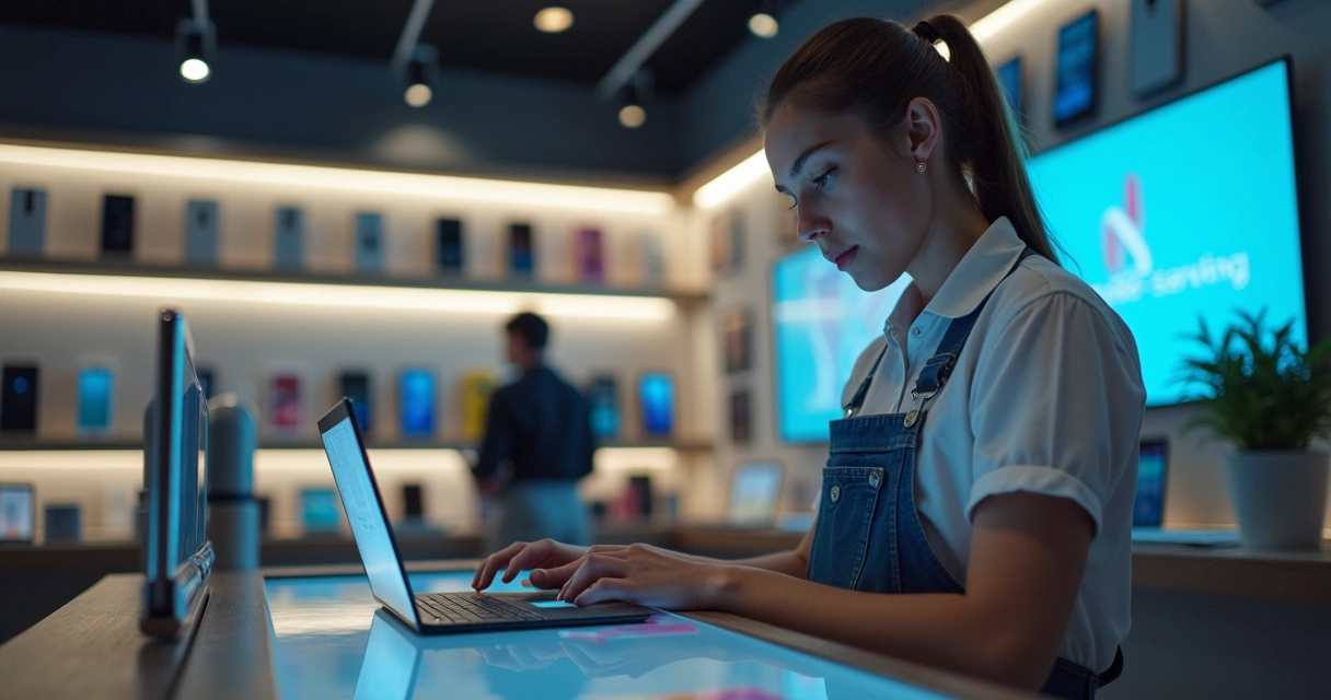 Funcionário de loja de celular usando tablet para cadastrar cliente 
