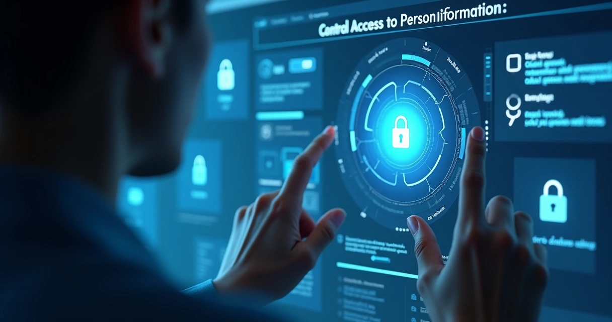 Usuário controlando acesso a dados em painel digital com ícones de cadeado e criptografia 