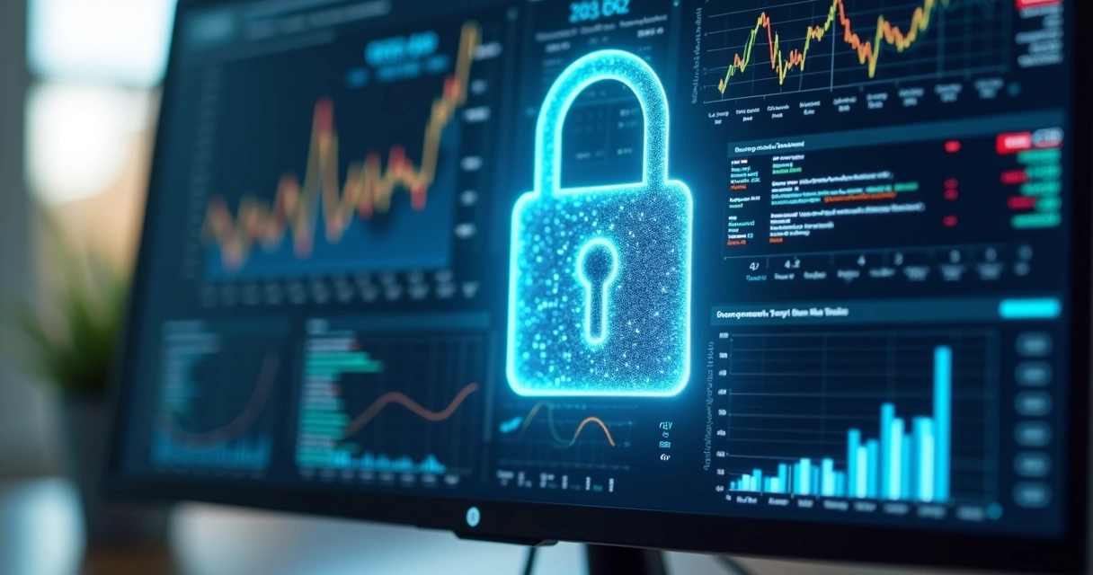 Tela de computador mostrando gráficos financeiros e cadeado digital 