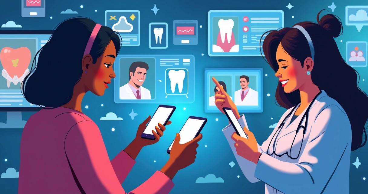 Pessoas diferentes vendo anúncios de odontologia em smartphones 
