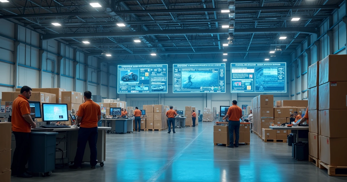 Docas de centro de distribuição com painéis digitais, códigos de barras visíveis e monitores mostrando o fluxo de cargas. 