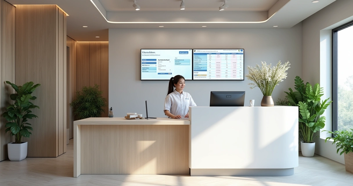 Recepção de clínica odontológica organizada com tecnologia digital