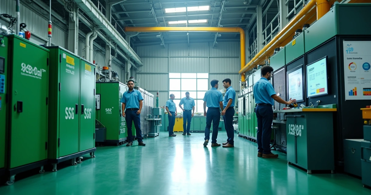 Ambiente industrial de reciclagem moderno no Brasil, com maquinário automatizado e setor administrativo monitorando dados ESG