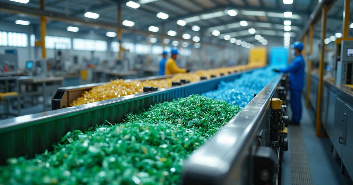 Máquina de reciclagem industrial com materiais separados em diferentes cores