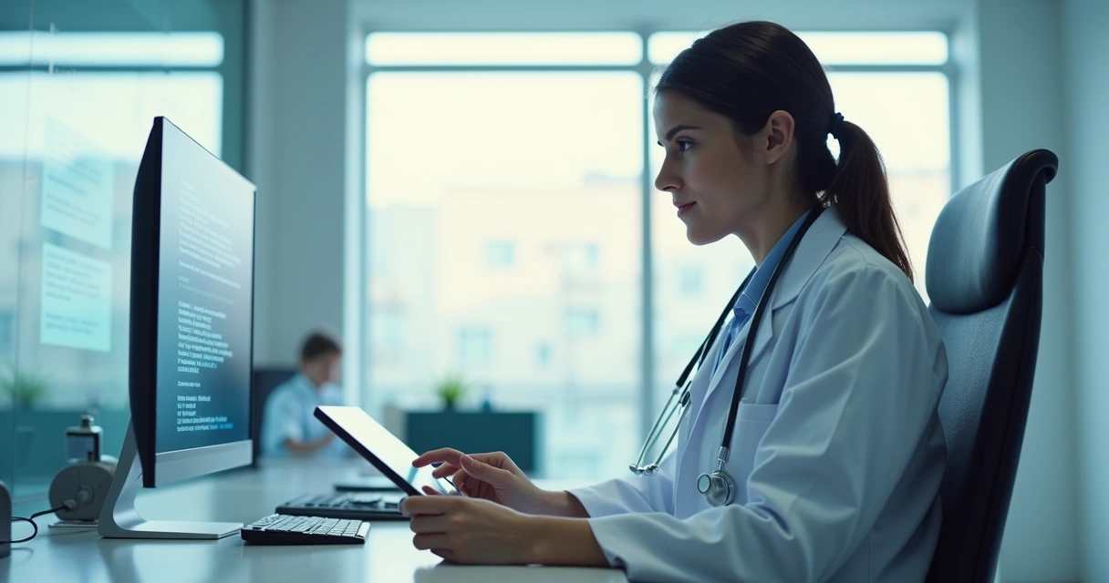 Médico usando tablet com reconhecimento de voz em consultório 
