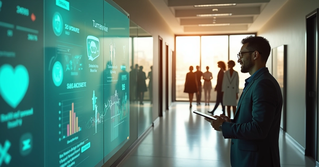 Gestor observa painel digital com dados de rotatividade e bem-estar dos colaboradores 