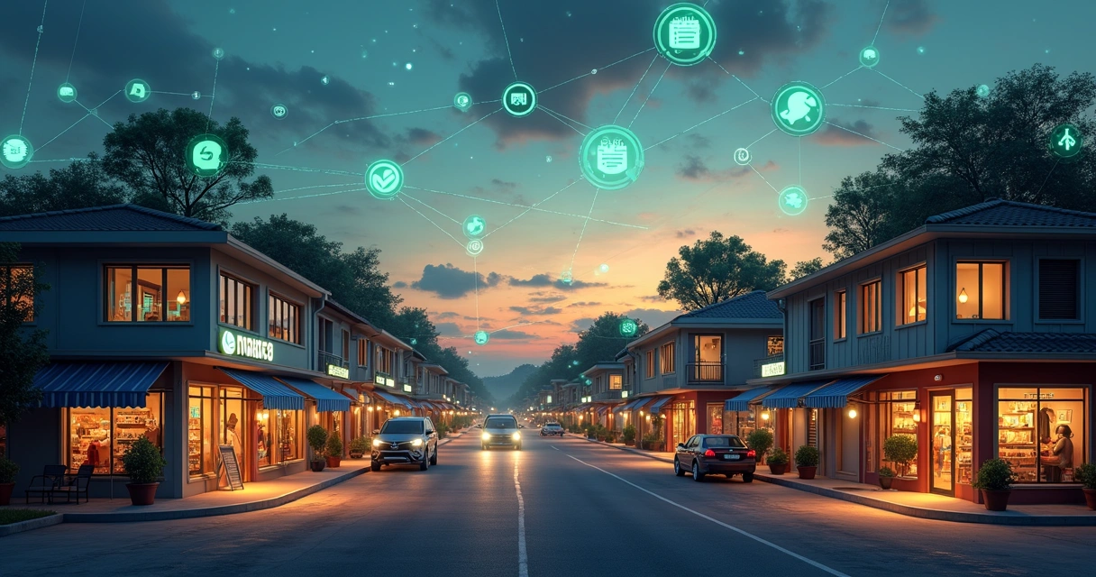 Ilustração de pequena cidade conectada por tecnologia financeira 