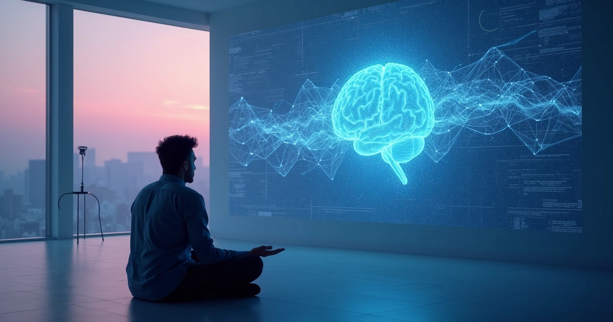 Persona frente a una pantalla digital gigante, donde se reflejan ondas cerebrales y gráficos de conciencia.