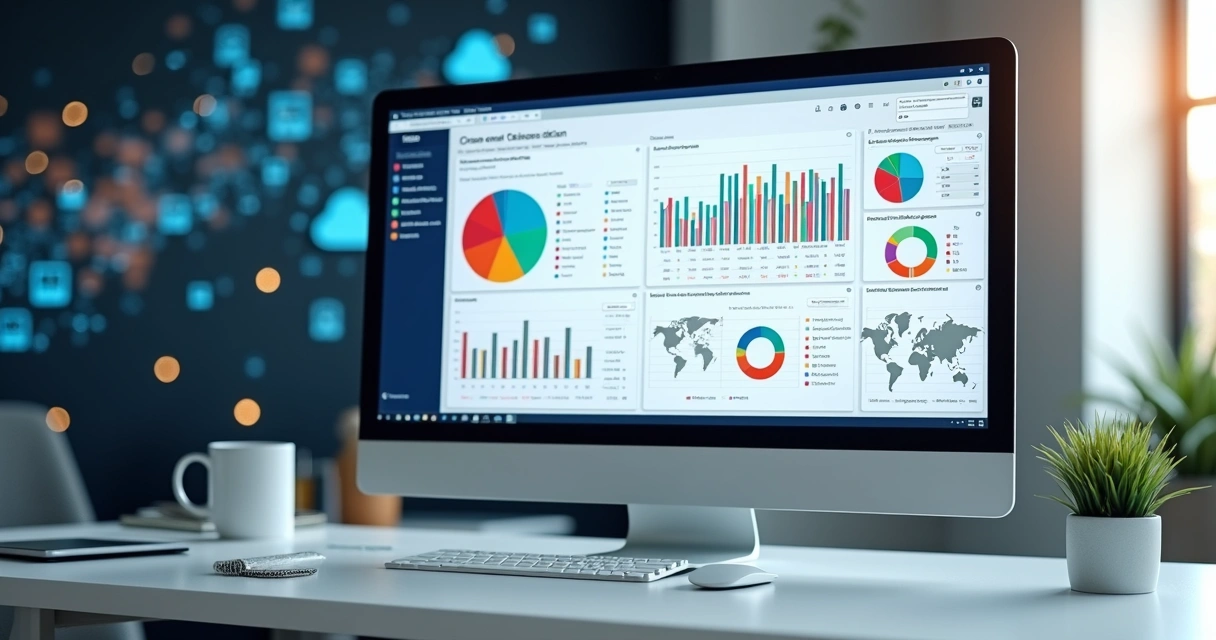 Tela de computador mostrando gráficos financeiros coloridos e relatórios contábeis detalhados em um escritório moderno
