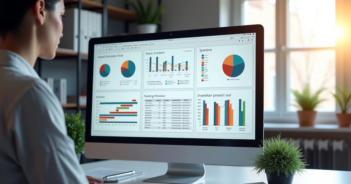 Relatórios de estoque em tela de computador com gráficos coloridos 