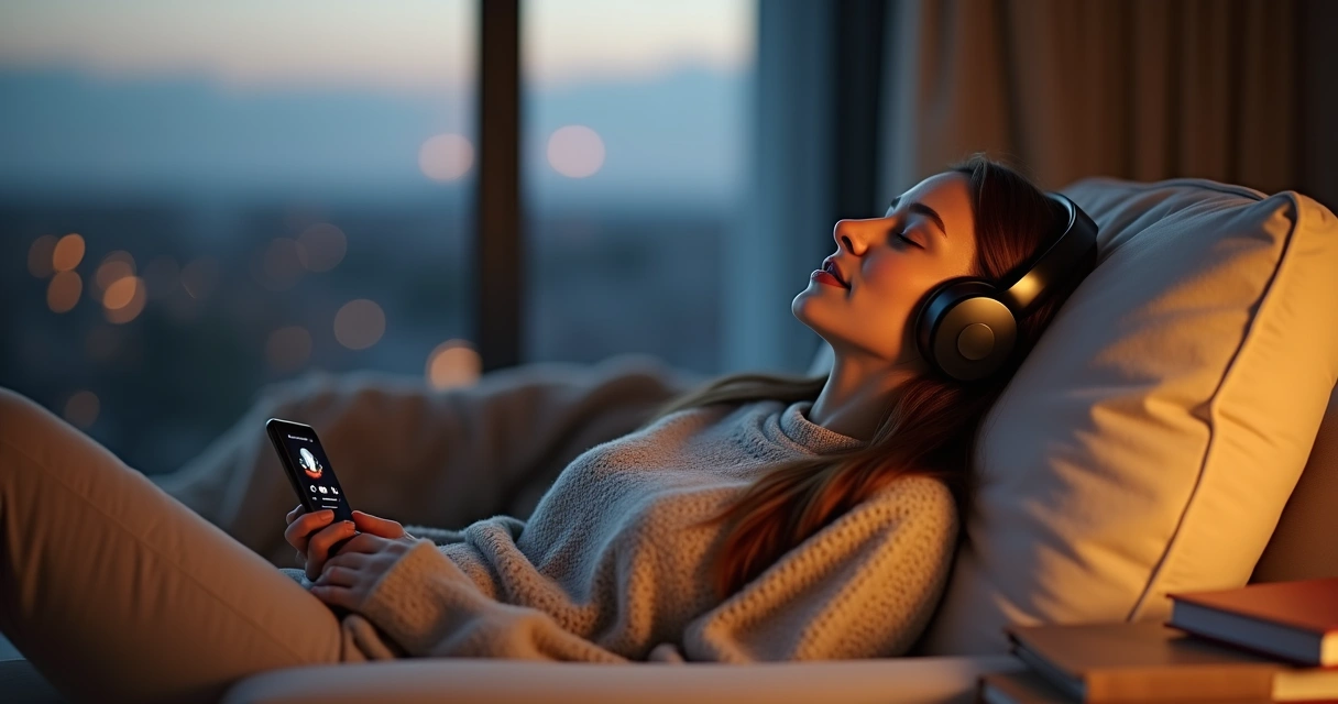 Pessoa usando fones estéreo enquanto relaxa em sofá 