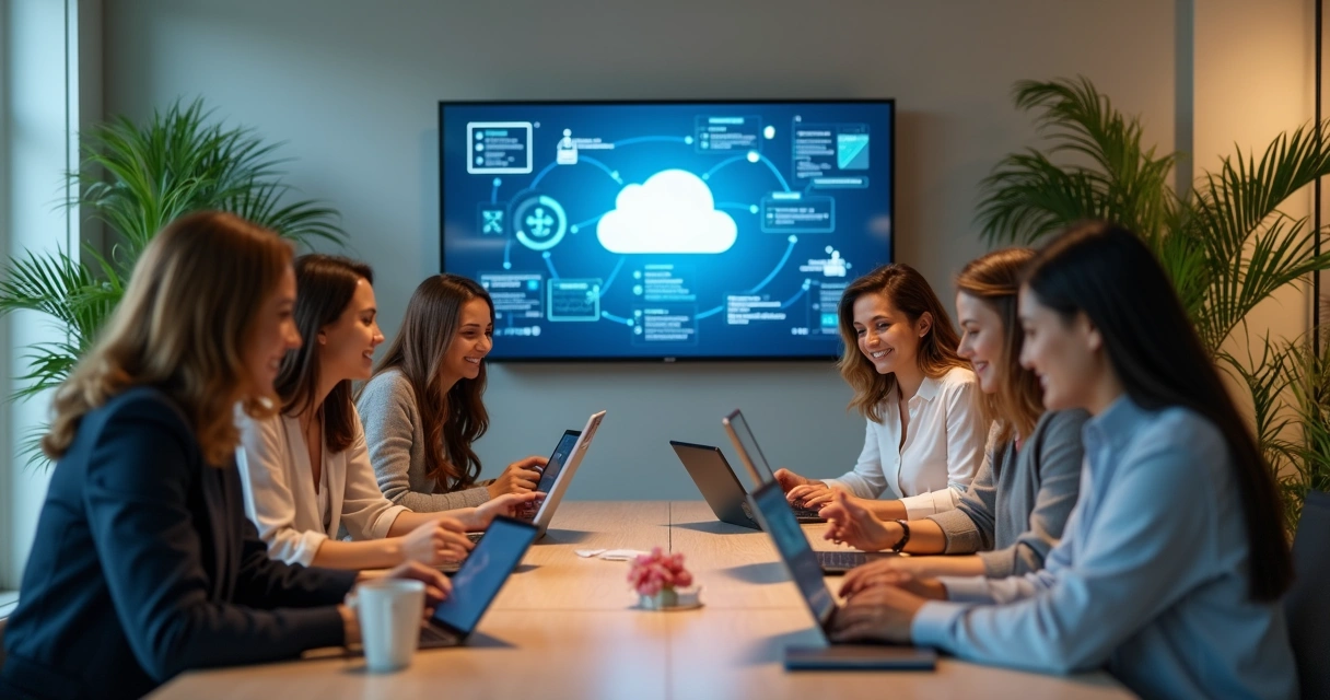 Equipe pequena usando tablets e laptops em reunião descontraída com foco em tecnologia responsável 