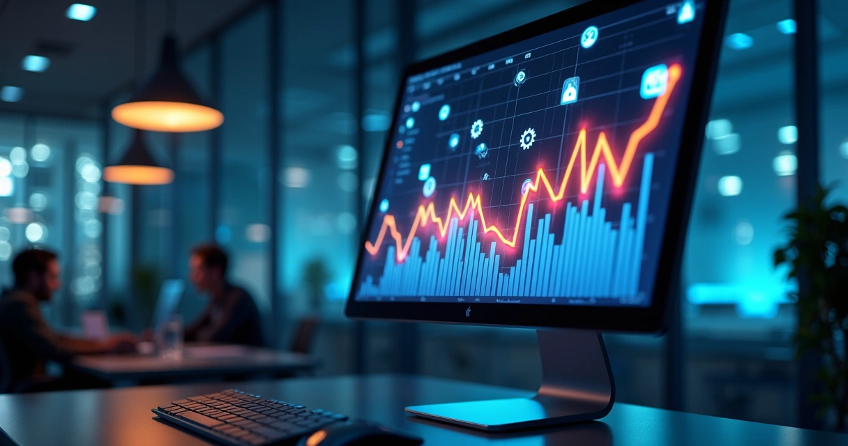 Gráfico digital colorido com linhas ascendentes em tela de computador, ícones de pessoas e engrenagens ao fundo 