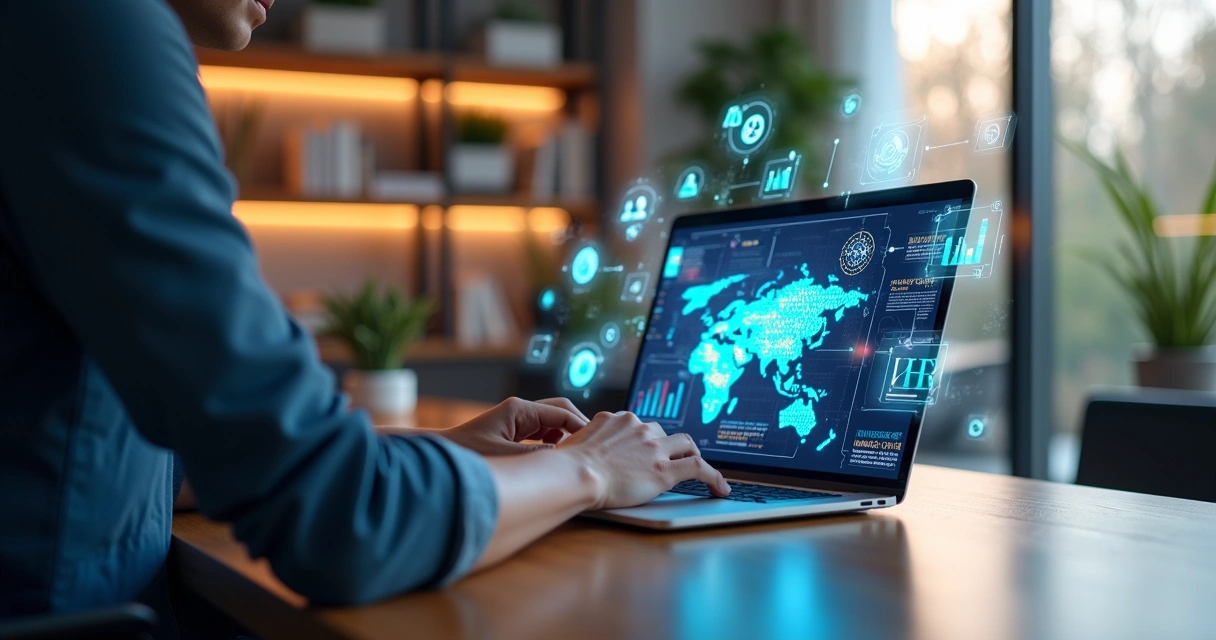 Pessoa usando laptop com gráficos e ícones digitais de inteligência artificial e recursos humanos ao redor 