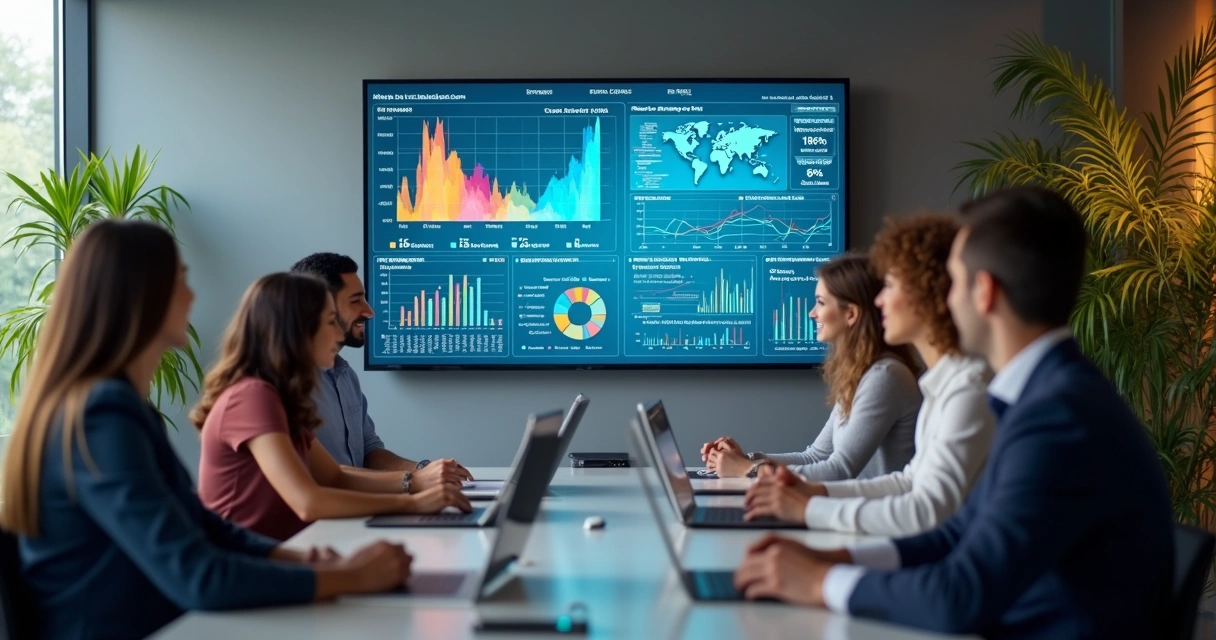 Reunião de RH com gráficos de IA e dados visíveis em uma tela 