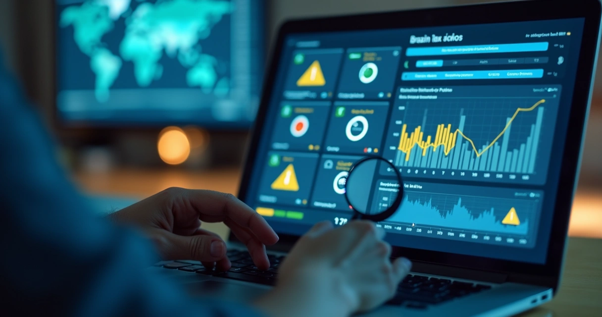 Painel digital sendo analisado com lupa mostrando alertas de risco fiscal 