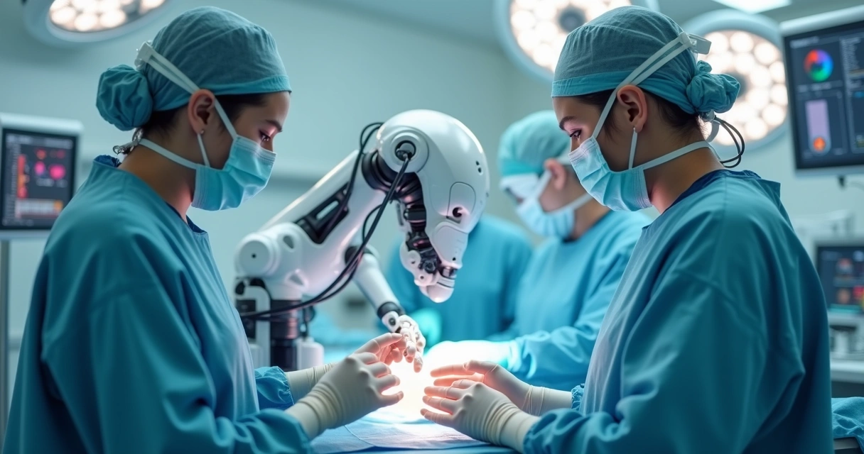 Robô médico sendo manuseado em sala cirúrgica de hospital