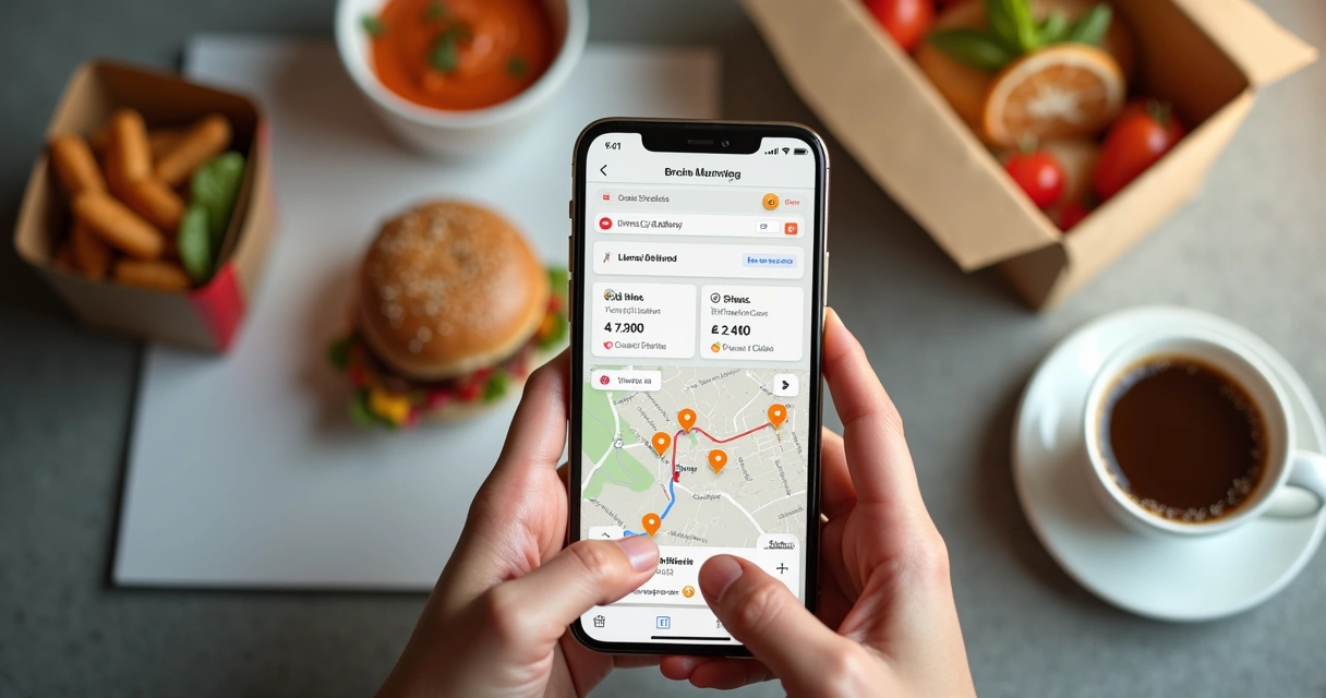 Tela de aplicativo de entrega mostrando rotas e pedidos em destaque. 