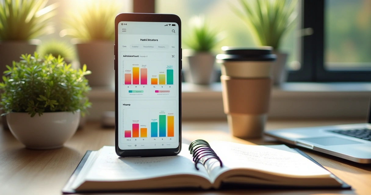 Celular mostrando gráficos de hábitos com plantas e caderno ao redor 