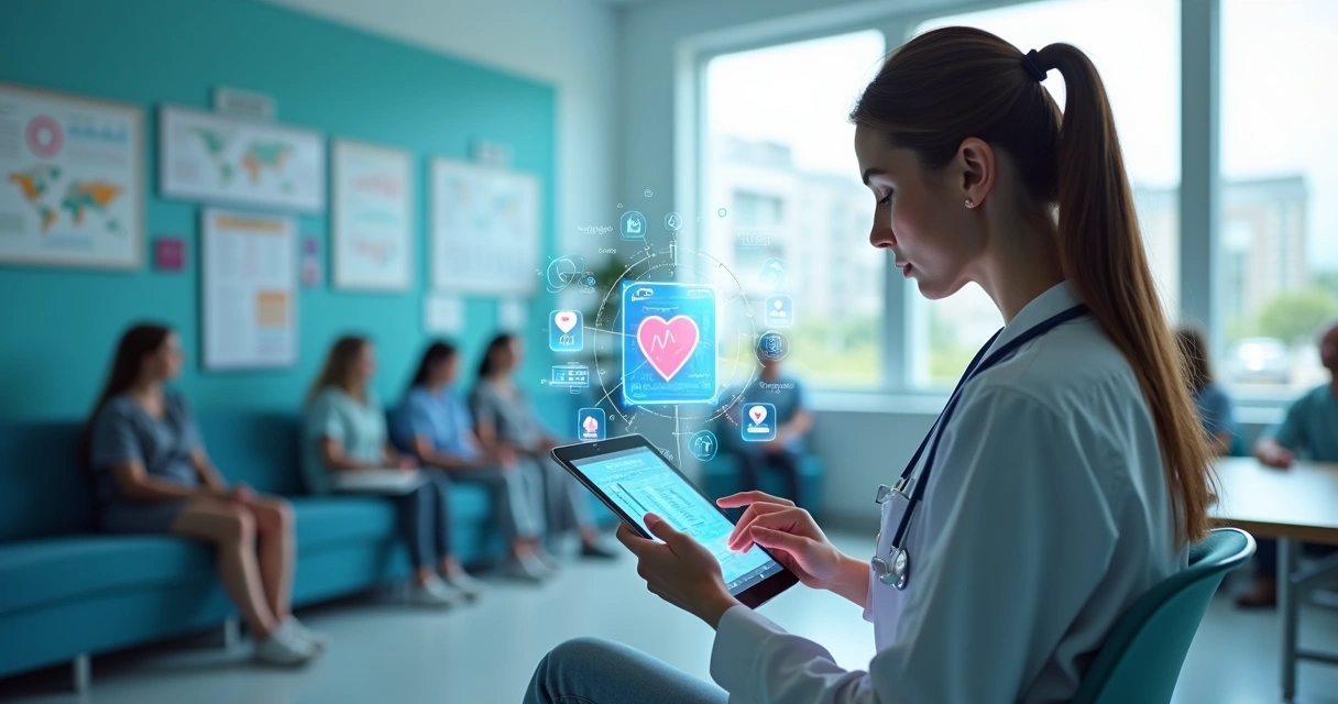 Profissional de saúde usando tablet digital para atendimento em clínica com elementos tecnológicos modernos 