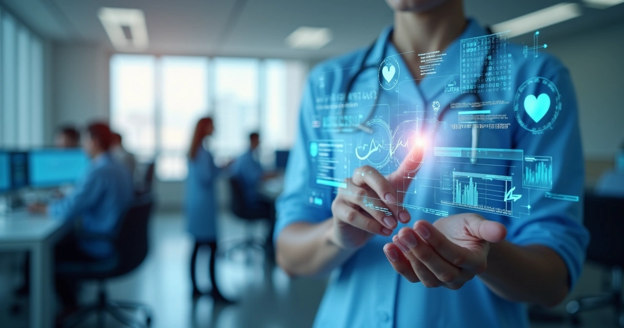 Mãos humanas tocando uma tela holográfica com gráficos de saúde digital, ícones de tecnologia e profissionais de saúde em escritório moderno 