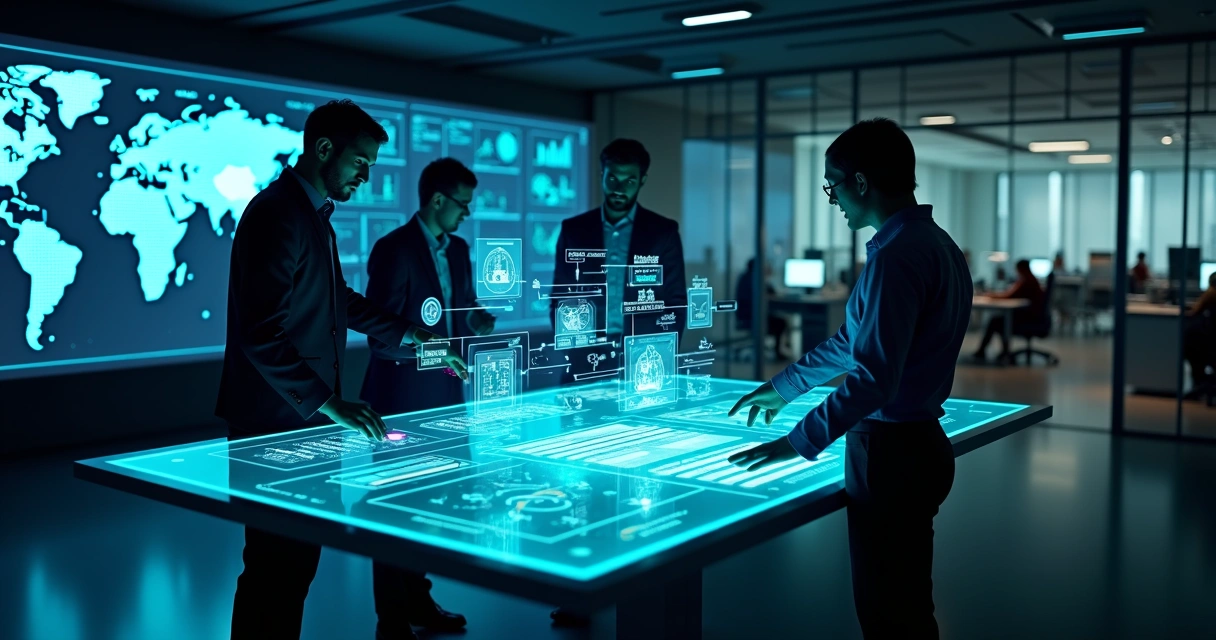 Mesa holográfica com profissionais analisando dados de saúde de funcionários 